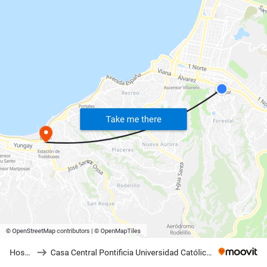 Hospital to Casa Central Pontificia Universidad Católica De Valparaíso map
