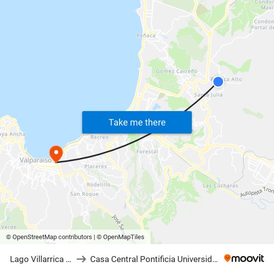 Lago Villarrica - Los Fiordos to Casa Central Pontificia Universidad Católica De Valparaíso map