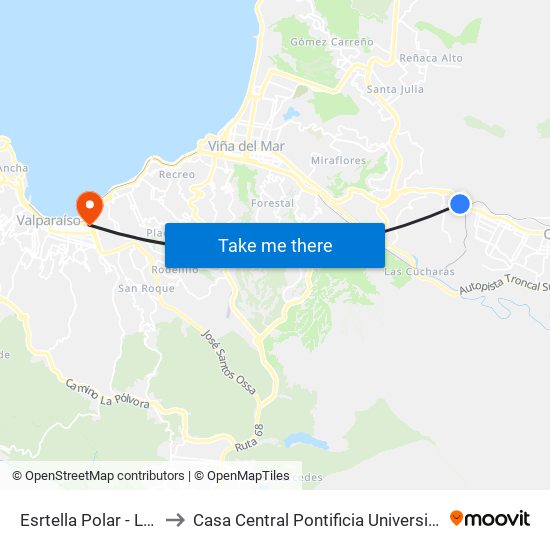 Esrtella Polar - Los Carrera / Sur to Casa Central Pontificia Universidad Católica De Valparaíso map