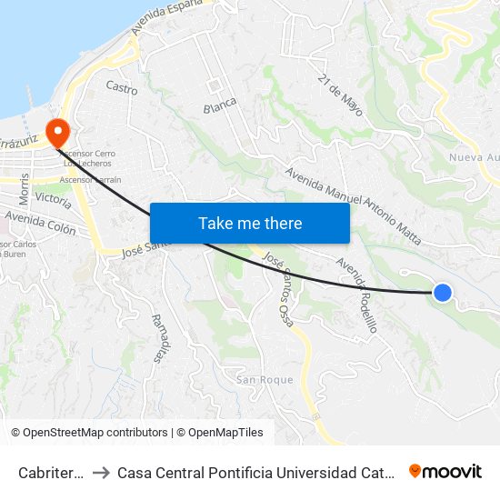 Cabriteria Sur to Casa Central Pontificia Universidad Católica De Valparaíso map