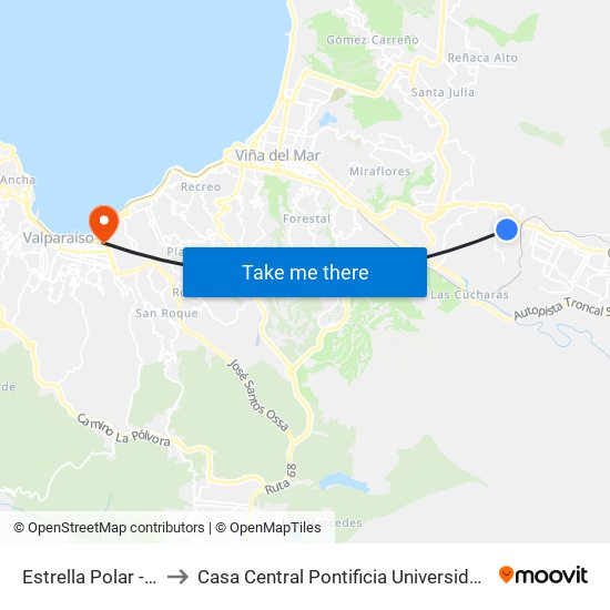 Estrella Polar - Cruz Del Sur to Casa Central Pontificia Universidad Católica De Valparaíso map