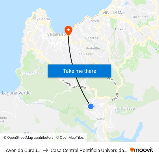 Avenida Curauma Sur, 866 to Casa Central Pontificia Universidad Católica De Valparaíso map