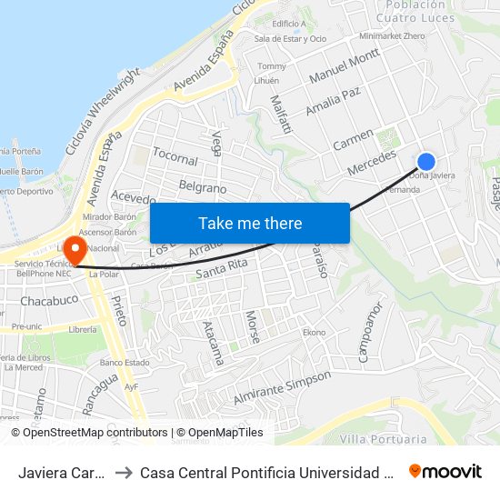Javiera Carrera, 799 to Casa Central Pontificia Universidad Católica De Valparaíso map