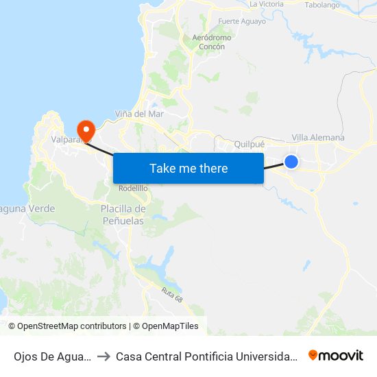 Ojos De Agua - El Castor to Casa Central Pontificia Universidad Católica De Valparaíso map