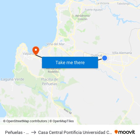 Peñuelas - Cacique to Casa Central Pontificia Universidad Católica De Valparaíso map