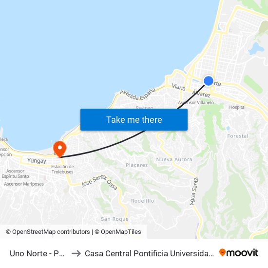 Uno Norte - Puente Quinta to Casa Central Pontificia Universidad Católica De Valparaíso map