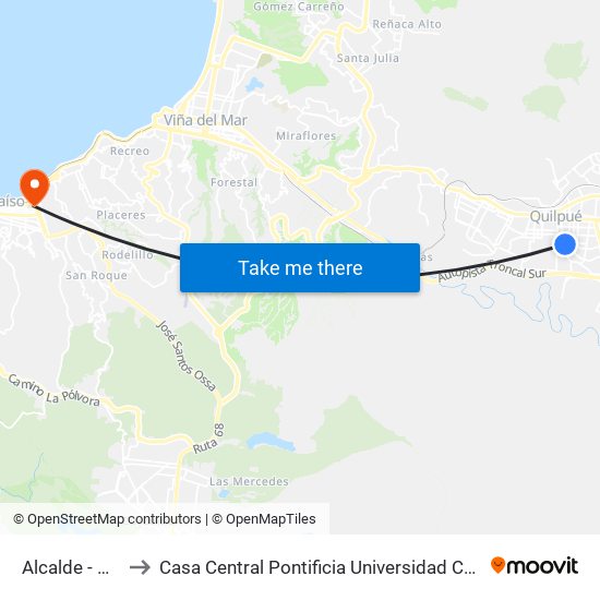 Alcalde - Acaceas to Casa Central Pontificia Universidad Católica De Valparaíso map