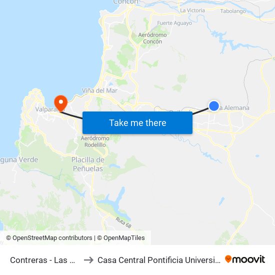 Contreras - Las Américas / Norte to Casa Central Pontificia Universidad Católica De Valparaíso map