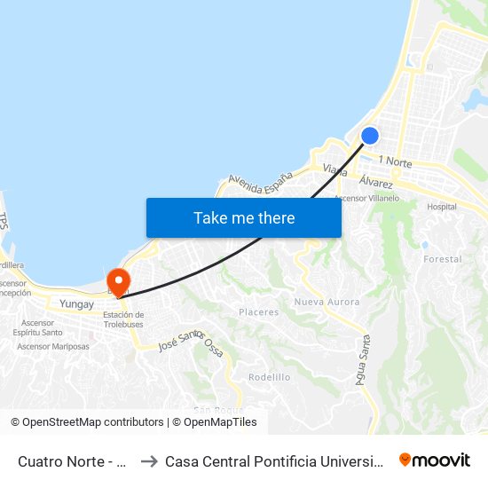 Cuatro Norte - Cinco Poniente to Casa Central Pontificia Universidad Católica De Valparaíso map