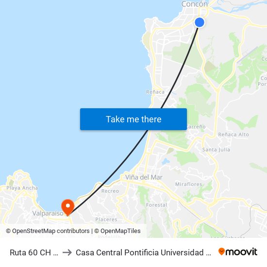 Ruta 60 CH Poniente to Casa Central Pontificia Universidad Católica De Valparaíso map