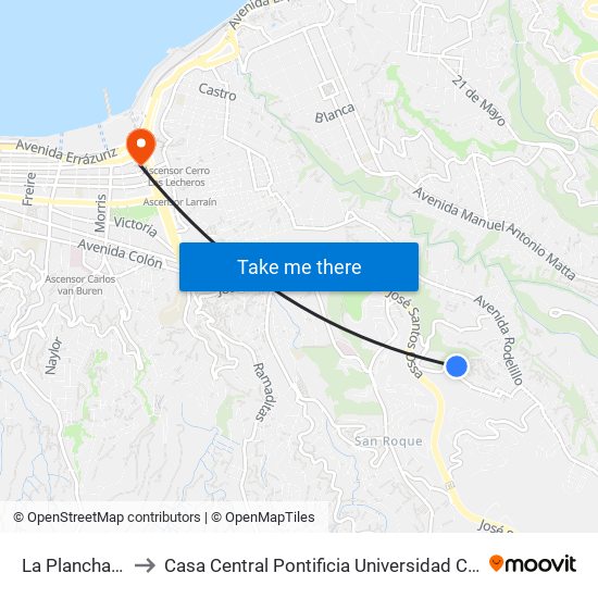 La Planchada 4086 to Casa Central Pontificia Universidad Católica De Valparaíso map