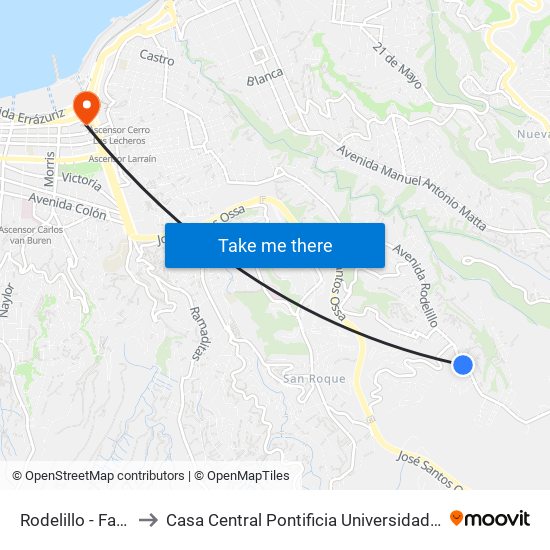 Rodelillo - Faro Tumbes to Casa Central Pontificia Universidad Católica De Valparaíso map