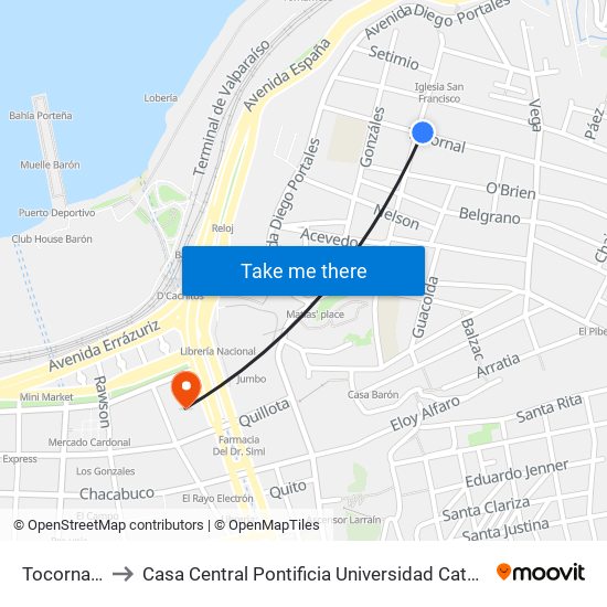 Tocornal, 201 to Casa Central Pontificia Universidad Católica De Valparaíso map