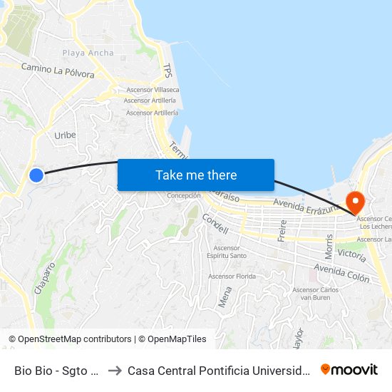 Bio Bio - Sgto Aldea / Norte to Casa Central Pontificia Universidad Católica De Valparaíso map