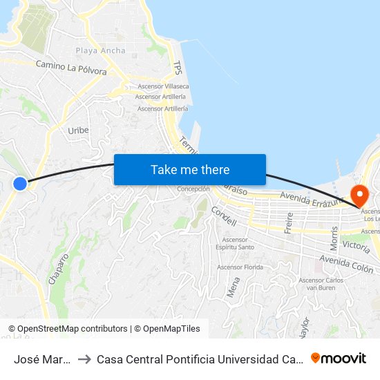 José María Caro to Casa Central Pontificia Universidad Católica De Valparaíso map