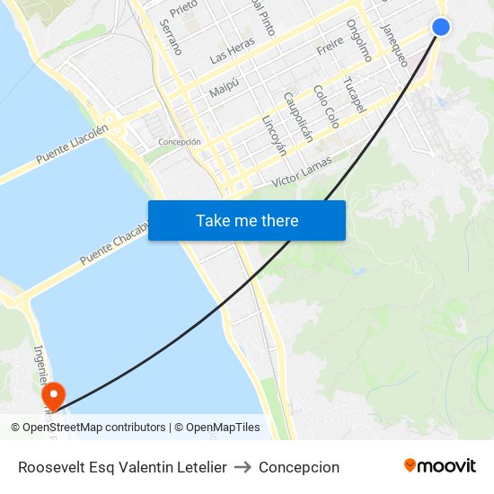 Roosevelt Esq Valentin Letelier to Concepcion map
