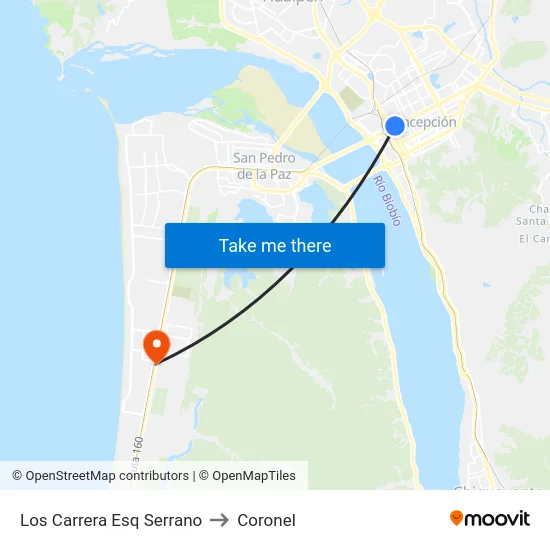 Los Carrera Esq Serrano to Coronel map