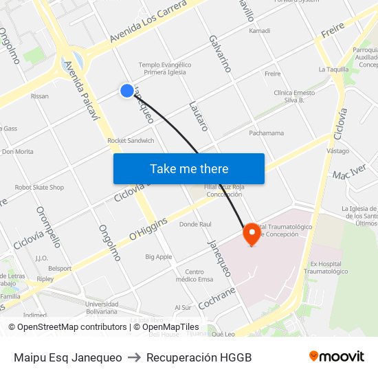 Maipu Esq Janequeo to Recuperación HGGB map