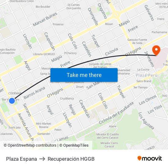 Plaza Espana to Recuperación HGGB map