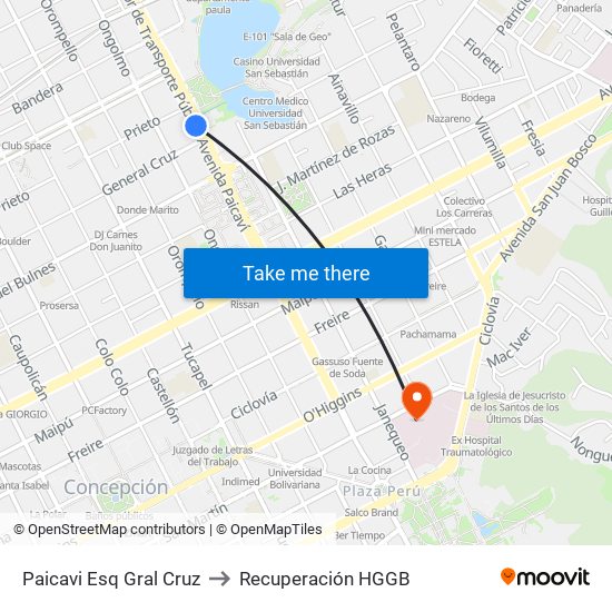 Paicavi Esq Gral Cruz to Recuperación HGGB map