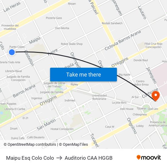 Maipu Esq Colo Colo to Auditorio CAA HGGB map