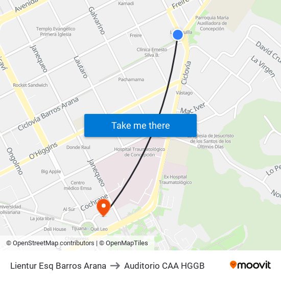 Lientur Esq Barros Arana to Auditorio CAA HGGB map