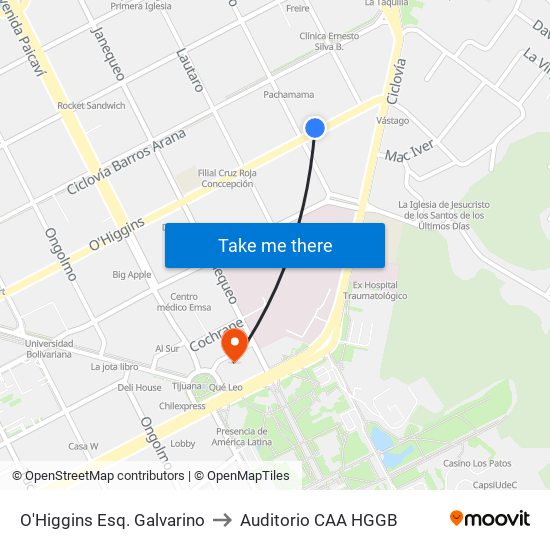 O'Higgins Esq. Galvarino to Auditorio CAA HGGB map
