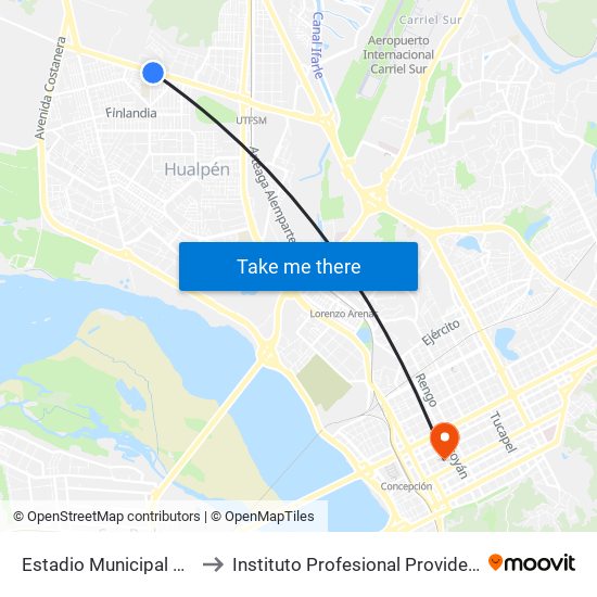 Estadio Municipal Hualpen to Instituto Profesional Providencia (Ipp) map