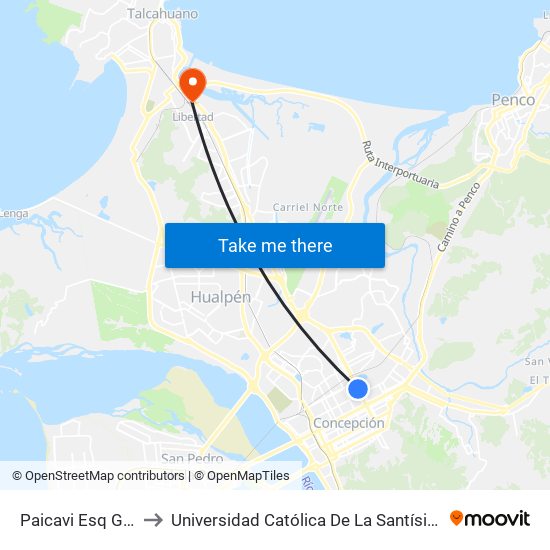 Paicavi Esq Gral Cruz to Universidad Católica De La Santísima Concepción map