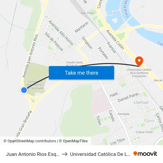 Juan Antonio Rios Esq Gran Bretana  Oriente to Universidad Católica De La Santísima Concepción map