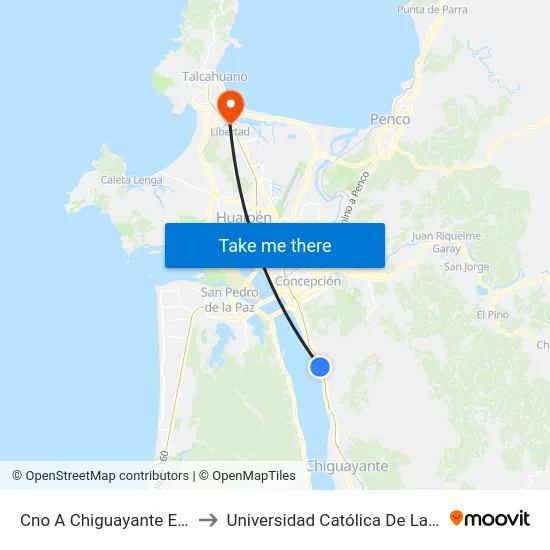 Cno A Chiguayante Esq Uno Pte  Oriente to Universidad Católica De La Santísima Concepción map