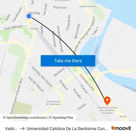 Valdivia to Universidad Católica De La Santísima Concepción map