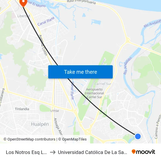 Los Notros Esq Los Naranjos to Universidad Católica De La Santísima Concepción map