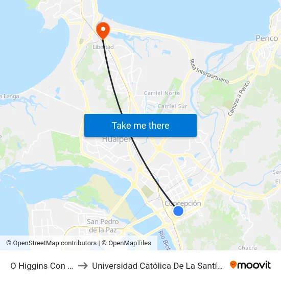 O Higgins Con Lincoyan to Universidad Católica De La Santísima Concepción map