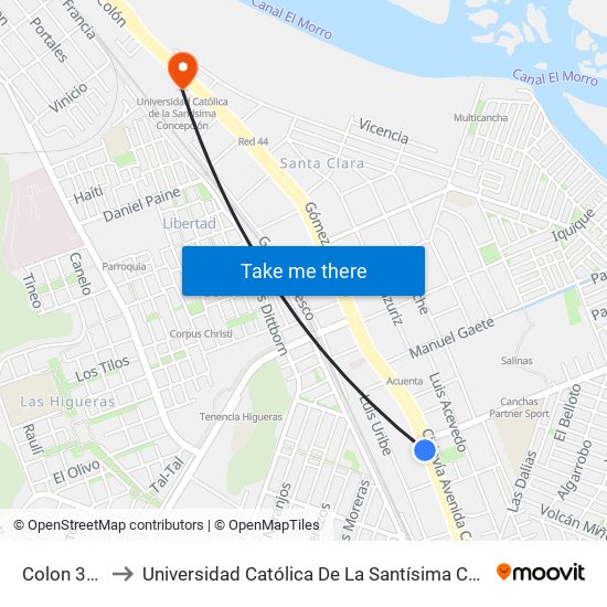 Colon 3646 to Universidad Católica De La Santísima Concepción map