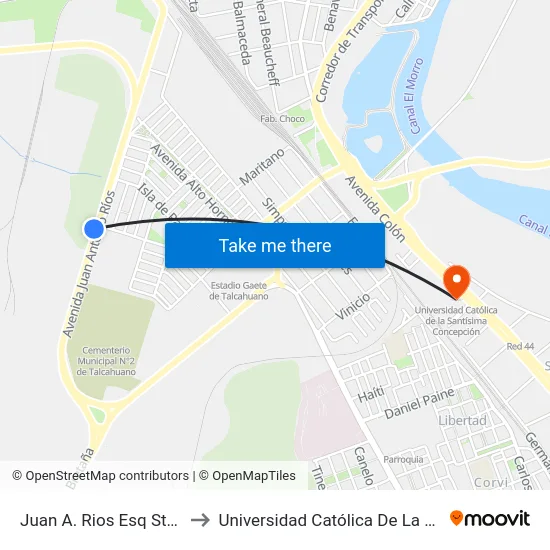 Juan A. Rios Esq Sta Maria  Poniente to Universidad Católica De La Santísima Concepción map