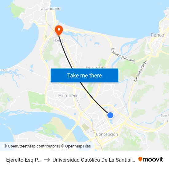 Ejercito Esq Pje Once to Universidad Católica De La Santísima Concepción map