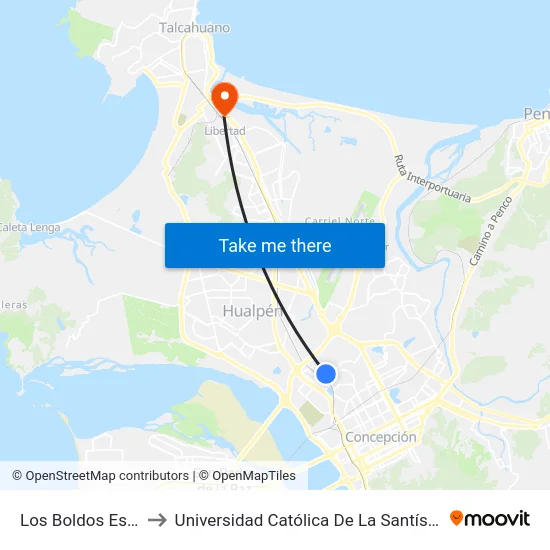 Los Boldos Esq Pje 13 to Universidad Católica De La Santísima Concepción map