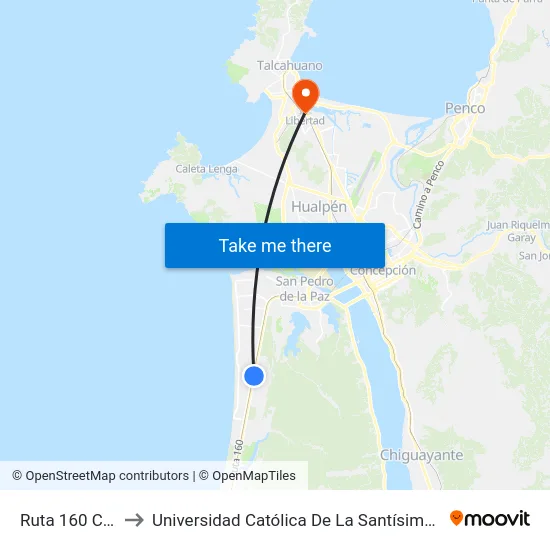 Ruta 160  Carrozi to Universidad Católica De La Santísima Concepción map