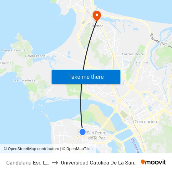 Candelaria Esq Las Tortolas to Universidad Católica De La Santísima Concepción map