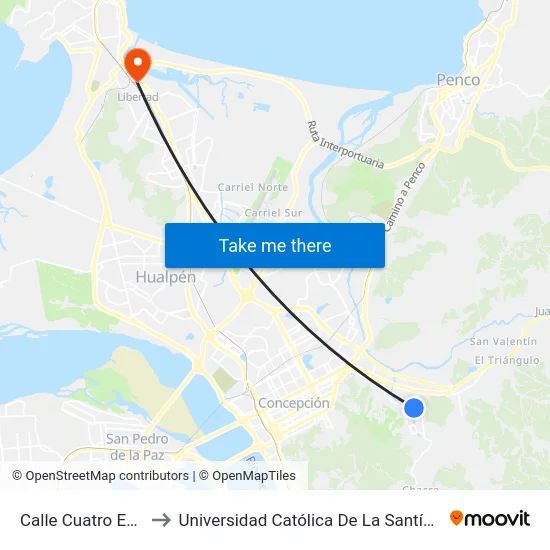 Calle Cuatro Esq Pje 21 to Universidad Católica De La Santísima Concepción map
