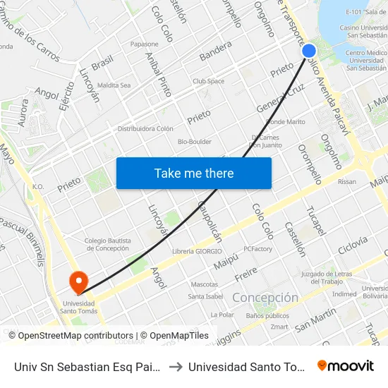 Univ Sn Sebastian Esq Paicavi to Univesidad Santo Tomás map