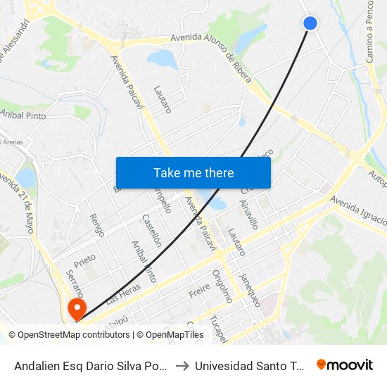 Andalien Esq Dario Silva  Poniente to Univesidad Santo Tomás map