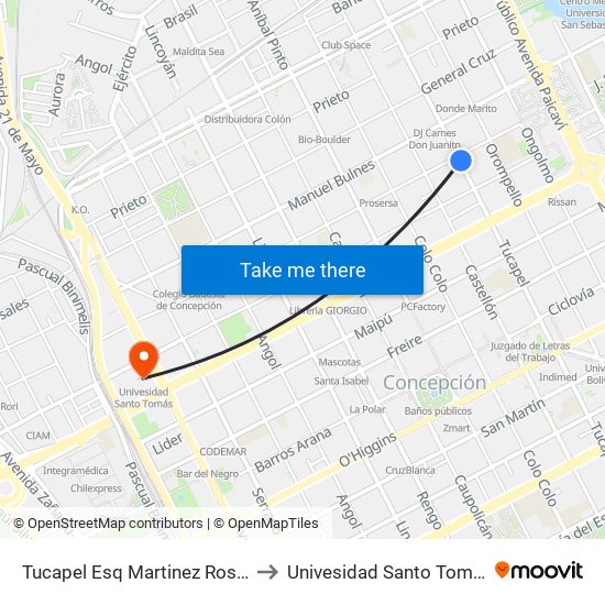 Tucapel Esq Martinez Rosas to Univesidad Santo Tomás map