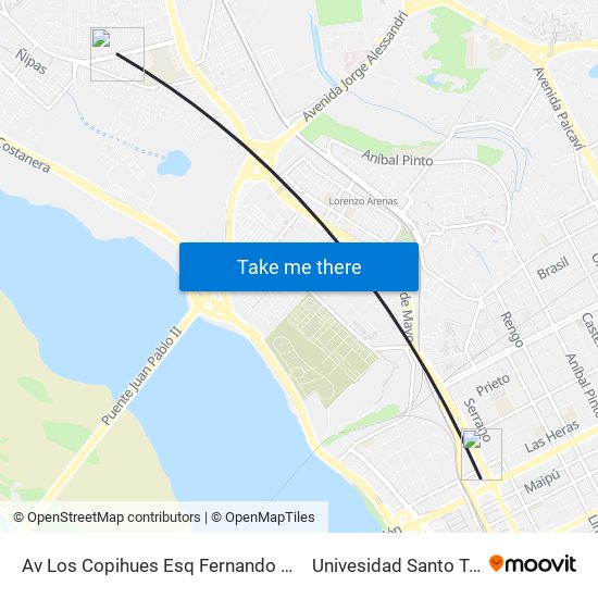 Av Los Copihues Esq Fernando Santivan to Univesidad Santo Tomás map