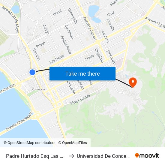 Padre Hurtado Esq Las Heras to Universidad De Concepción map