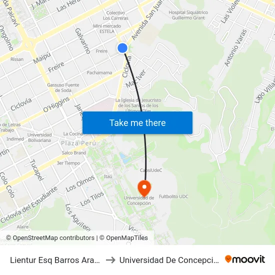 Lientur Esq Barros Arana to Universidad De Concepción map