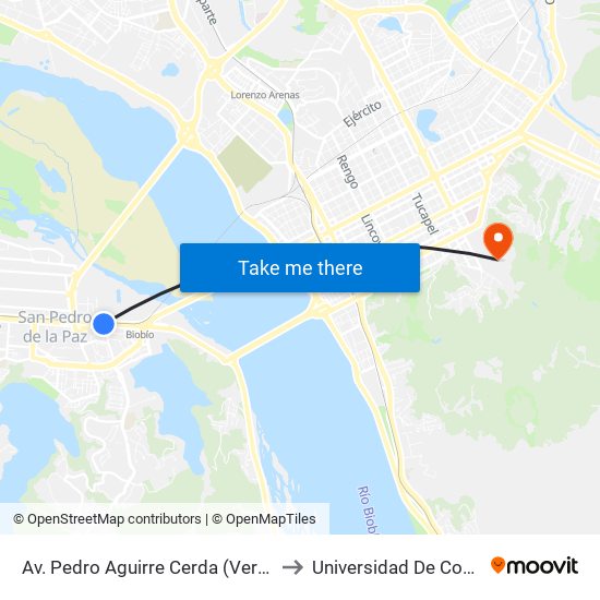 Av. Pedro Aguirre Cerda (Versluys)  Norte to Universidad De Concepción map