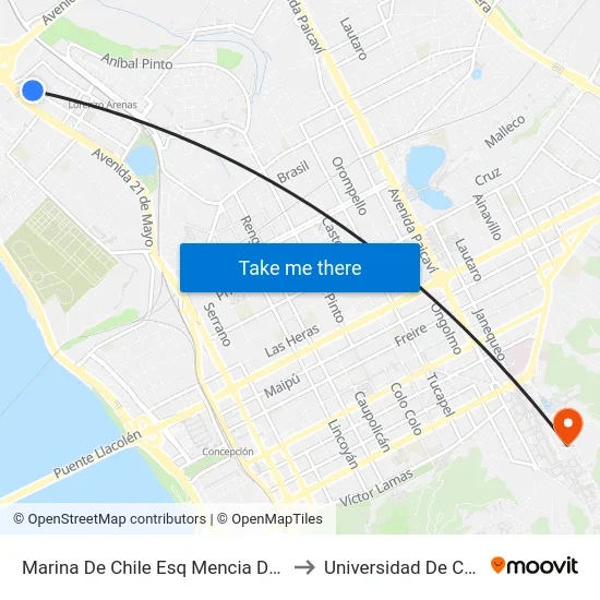 Marina De Chile Esq Mencia De Los Nidos  Sur to Universidad De Concepción map