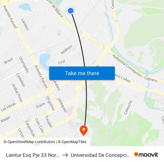 Lientur Esq Pje 33  Norte to Universidad De Concepción map